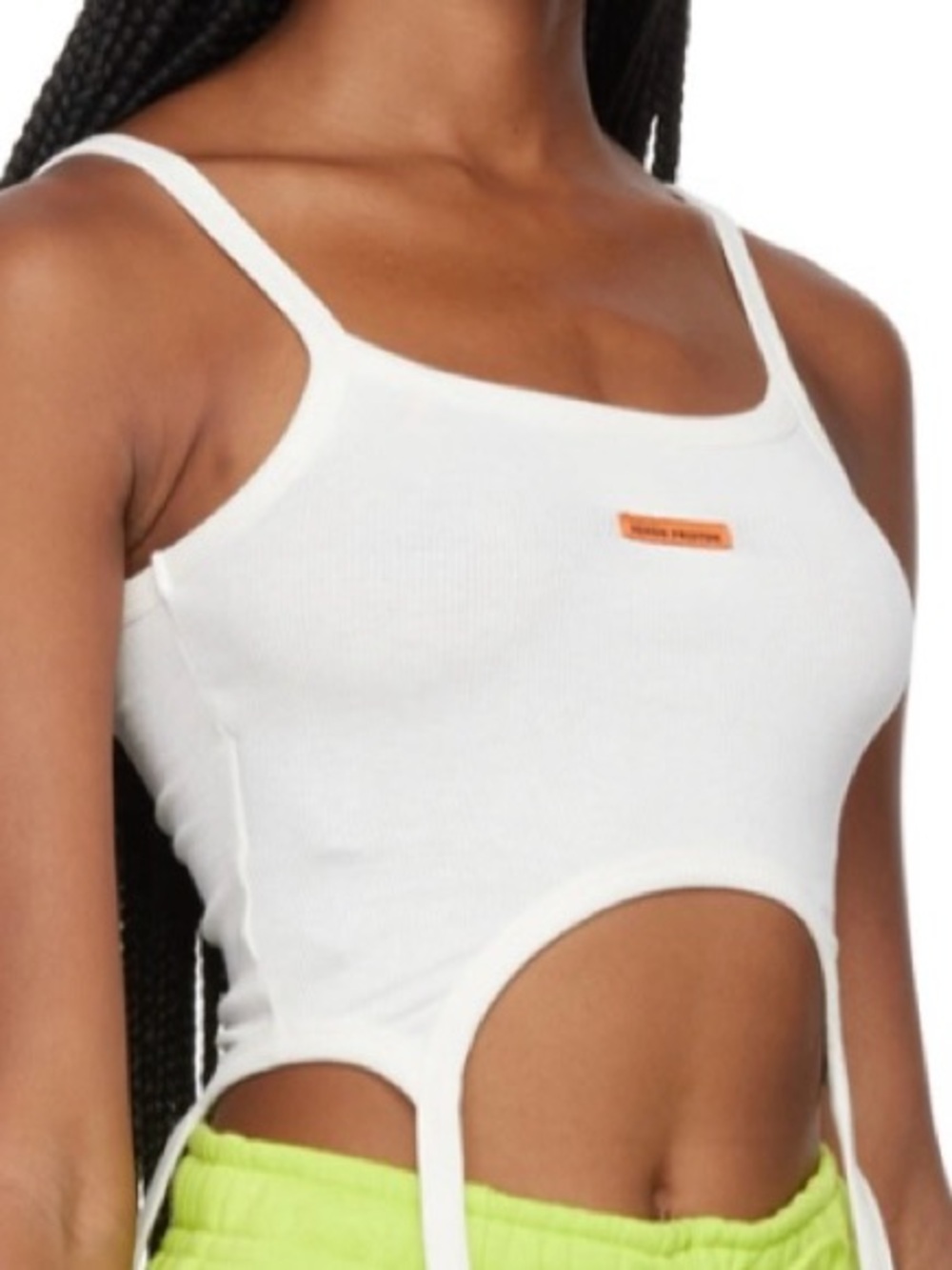 HERON PRESTON OFFWhite Cutout Ribbed Crop Top with Orange Logo NWT RT$290
